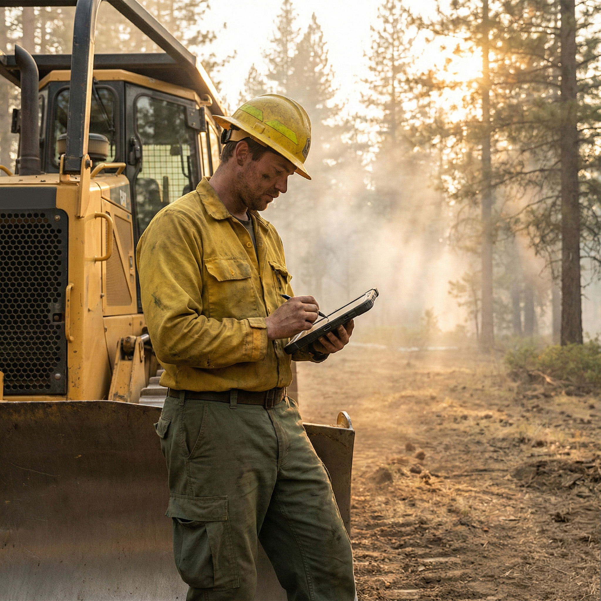 Wildland fire contractor filling out digital shift ticket on tablet